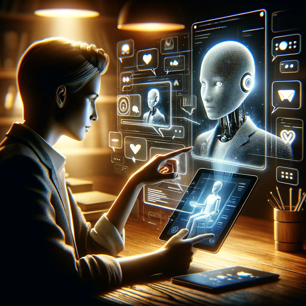 Person Engaging with AI: An image of a person interacting with a digital device, such as a tablet or computer, with an AI chat interface on the screen can help readers visualize the personal and adaptive interaction with ChatGPT SORA.